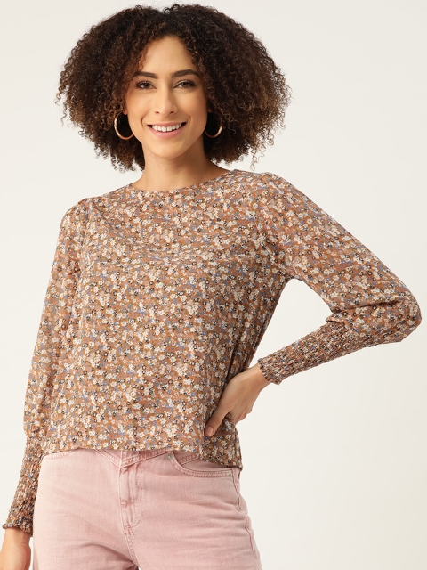 

Madame Beige & Black Floral Print Smocked Regular Top