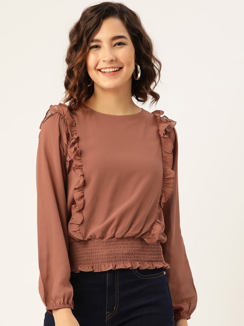 

Madame Rust Brown Ruffle Smocked Blouson Top