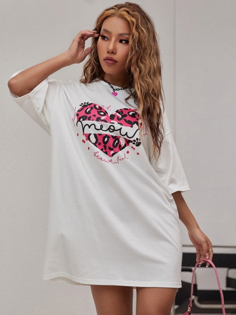 

URBANIC White & Pink Cotton Printed Relaxed Fit T-shirt Dress