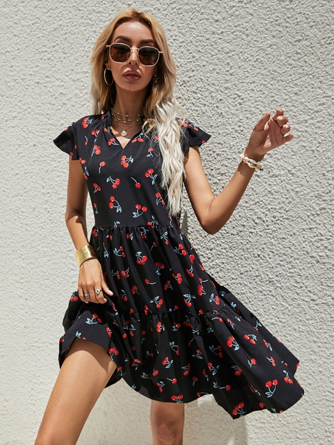 

URBANIC Black & Red Relaxed Fit Printed Tiered Fit & Flare Dress