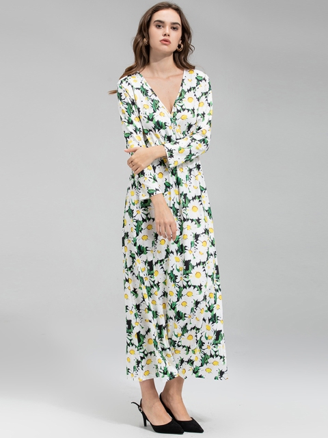 

URBANIC Women Green & White Floral Layered Maxi Wrap Dress