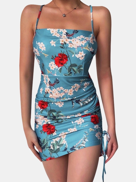 

URBANIC Teal Blue & White Floral Printed Bodycon Mini Dress