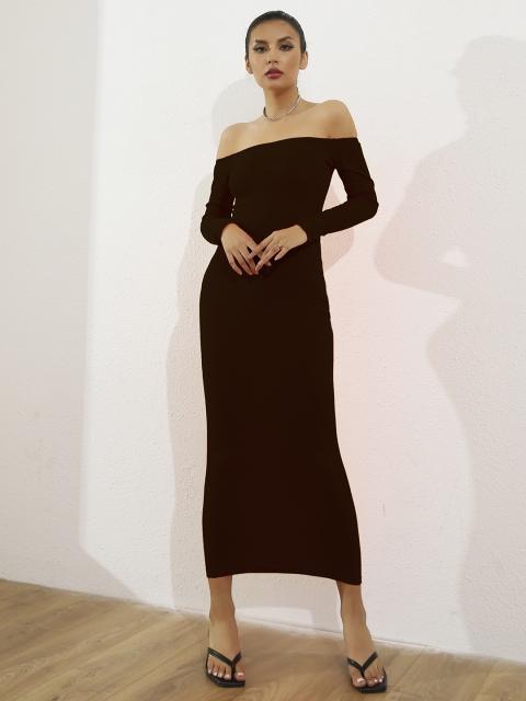 

URBANIC Maroon Solid Off-Shoulder Midi Bodycon Dress
