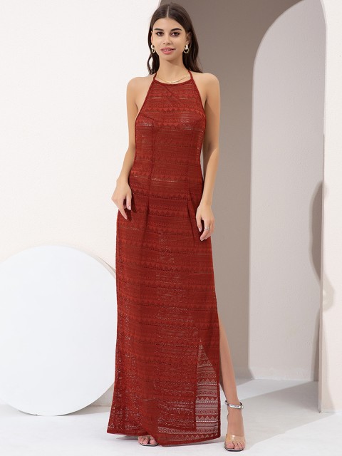 

URBANIC Maroon Halter Neck Maxi Dress