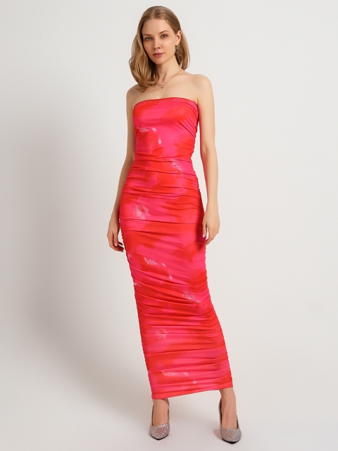 

URBANIC Red & Pink Printed Off-Shoulder Maxi Dress