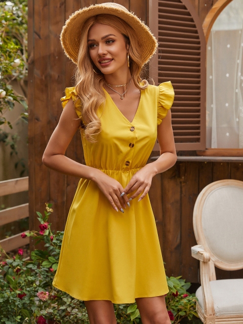 

URBANIC Mustard Yellow Solid A-Line Dress