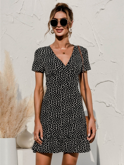 

URBANIC Black & Off White Printed A-Line Mini Dress