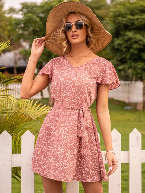 

URBANIC Pink & White Printed A-Line Mini Dress