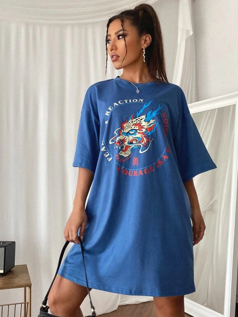 

URBANIC Blue & Cream-Coloured Pure Cotton Printed T-shirt Dress