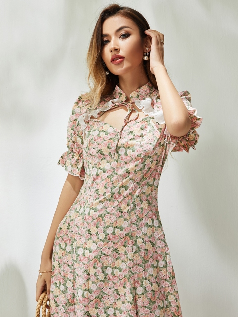 

URBANIC Pink & Green Floral Printed Tie-Up Neck Maxi Dress