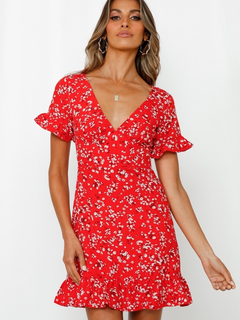

URBANIC Red & White Floral Print Ruffled A-Line Dress