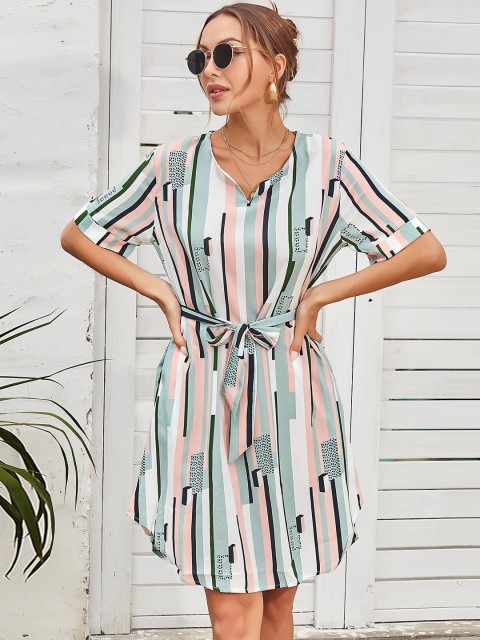 

URBANIC Green & White Striped A-Line Dress