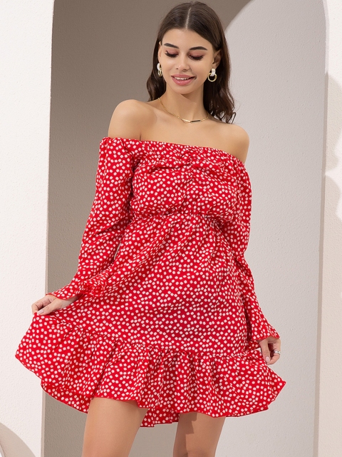 

URBANIC Red & White Floral Off-Shoulder A-Line Dress