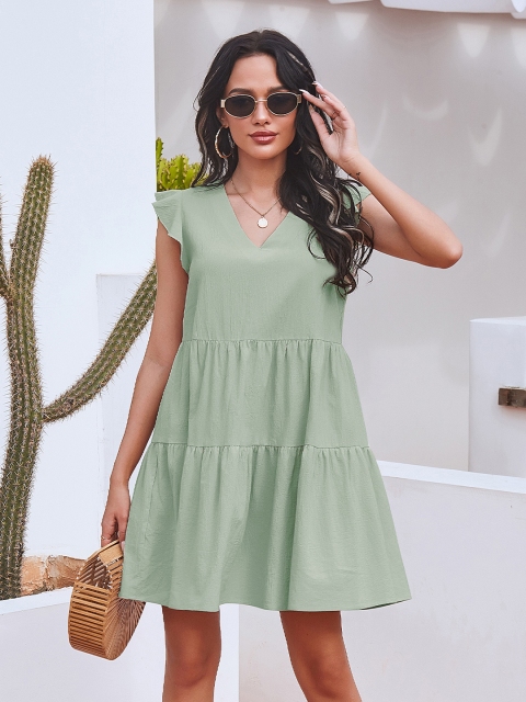 

URBANIC Green Pure Cotton Solid A-Line Tiered Dress