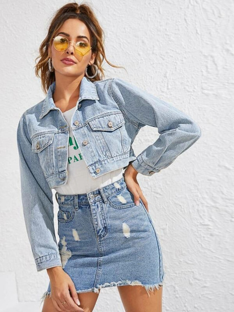 

URBANIC Women Blue Cotton Button Utility Crop Denim Jacket