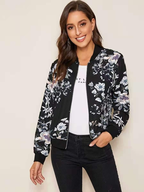

URBANIC Women Black & White Floral Printed Bomber Jacket