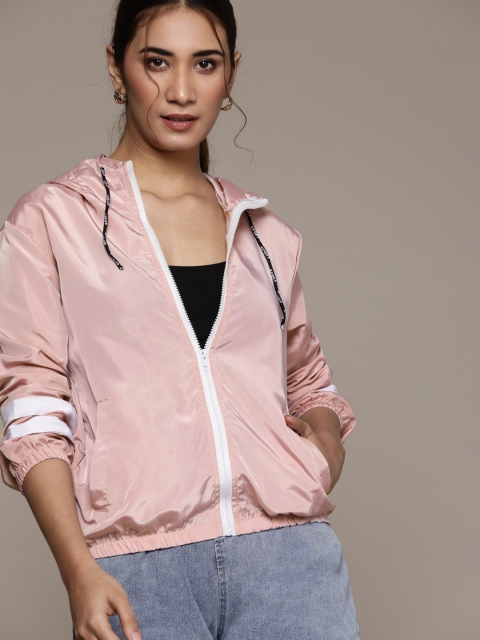 

URBANIC Women Pink Solid Hooded Bomber Jacket