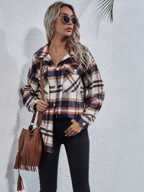 

URBANIC Women White & Navy Blue Checked Longline Shacket