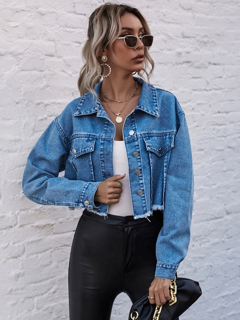 

URBANIC Women Blue Solid Crop Denim Jacket