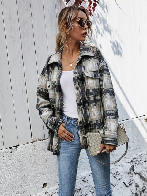 

URBANIC Women Beige & Black Checked Longline Shacket