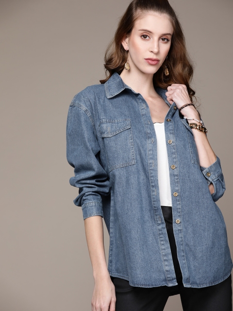 

URBANIC Women Blue Longline Pure Cotton Denim Shirt Jacket