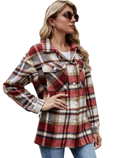 

URBANIC Women Red & Off White Checked Longline Shacket
