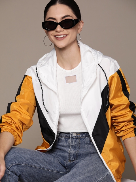

URBANIC Women Mustard Yellow & White Lightweight Colourblocked Hooded Bomber Jacket
