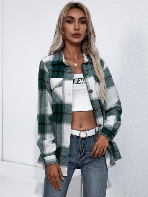 

URBANIC Women Green & White Checked Flannel Shacket