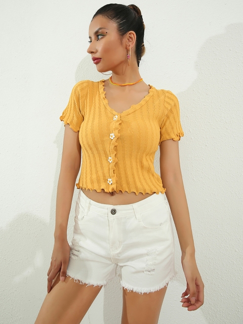 

URBANIC Women Mustard Yellow Self-Striped Crop Cardigan