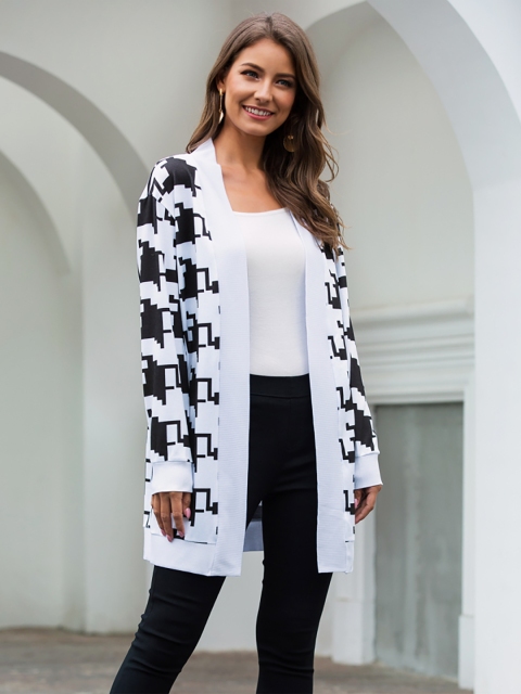 

URBANIC Women White & Black Printed Longline Front-Open Sweater