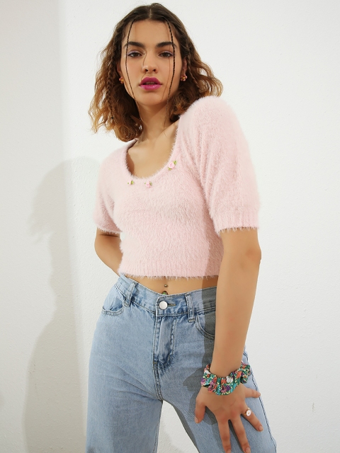 

URBANIC Women Pink Crop Pullover with Applique Detail