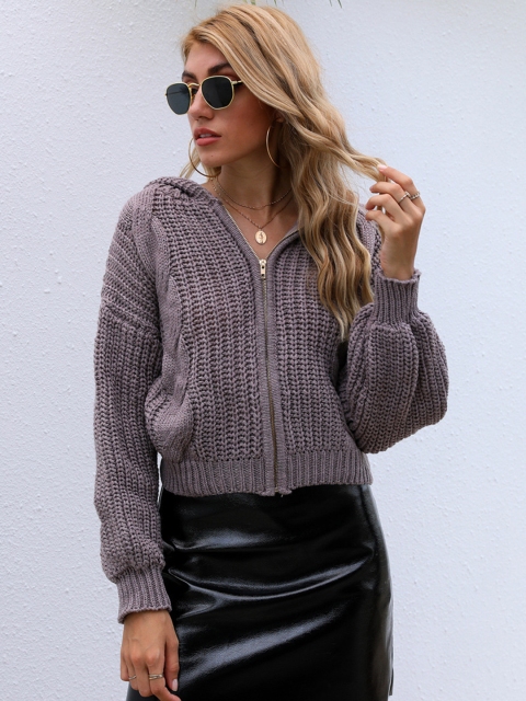 

URBANIC Women Charcoal Grey Cable Knitted Hooded Cardigan
