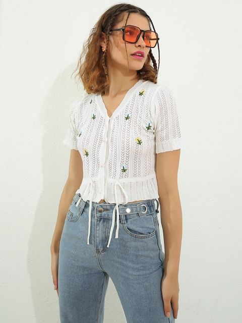 

URBANIC Women White Open Knit Crop Cardigan with Embroidered Detail