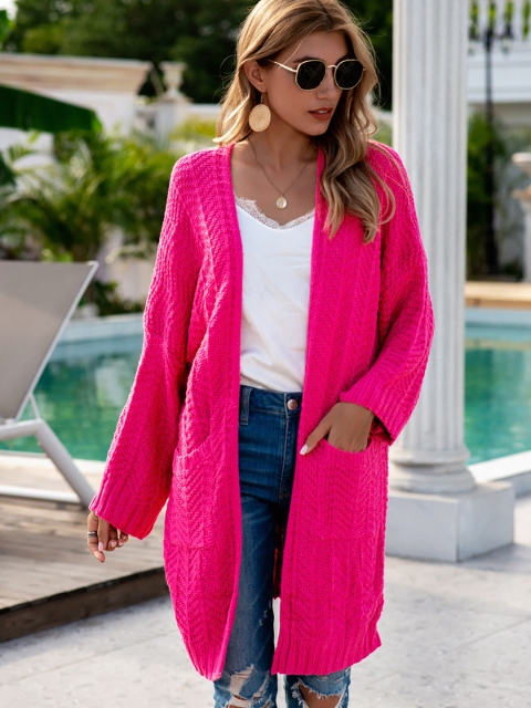 

URBANIC Women Pink Self-Striped Longline Front-Open Sweater