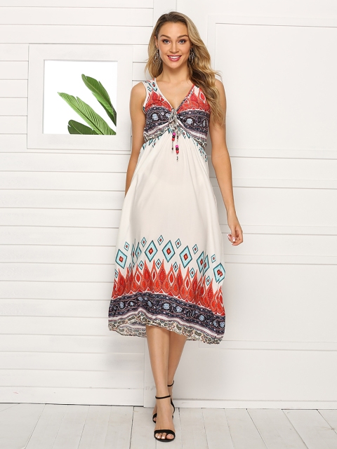 

URBANIC White & Peach-Coloured Ethnic Motifs Empire Dress