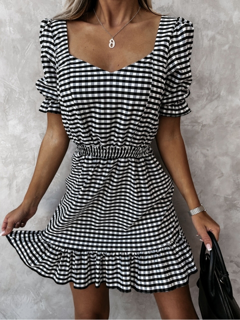 

URBANIC Black & White Checked A-Line Dress