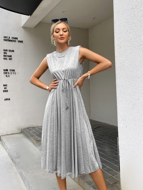 

URBANIC Grey Melange Solid A-Line Midi Dress