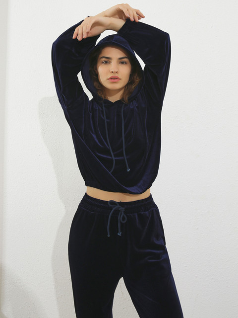 

URBANIC Women Navy Blue Hooded T-shirt with Joggers