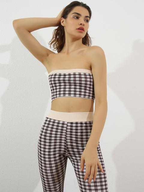 

URBANIC Women Brown & White Strapless Checked Two-Piece Set