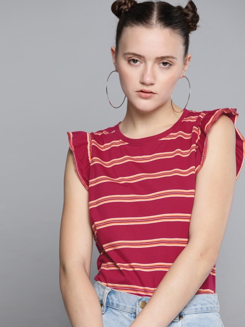 

Kook N Keech Magenta & Peach-Coloured Pure Cotton Striped Ruffles Regular Top