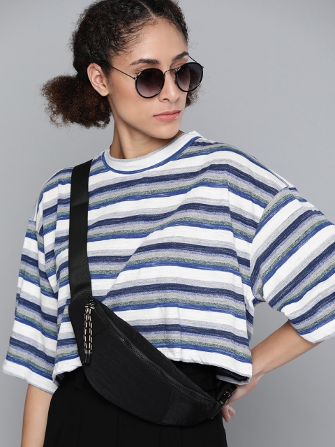 

Kook N Keech Women White & Blue Striped Drop-Shoulder Sleeves T-shirt