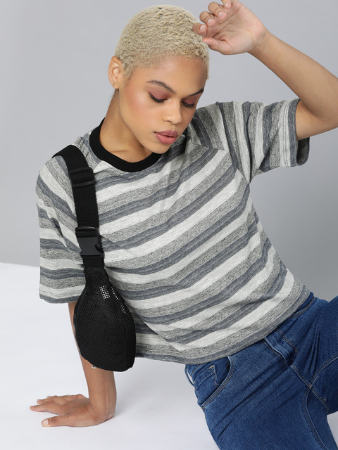

Kook N Keech Women Grey & Blue Striped Round Neck T-shirt
