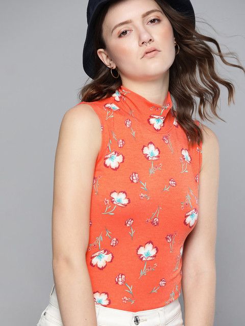 

Kook N Keech Women Orange & Maroon Floral Printed High Neck T-shirt