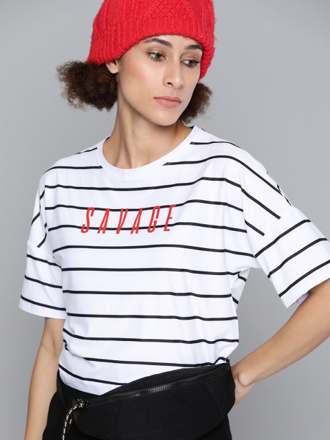 

Kook N Keech Women White & Black Striped Drop-Shoulder Sleeves T-shirt