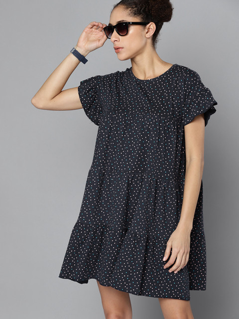 

Kook N Keech Navy Blue & Pink Pure Cotton Tiered A-Line Dress