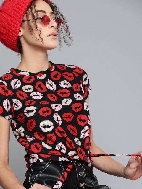 

Kook N Keech Black & Red Conversational Print Regular Top with Waist Tie-up