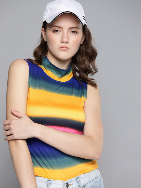 

Kook N Keech Women Yellow & Blue Tie and Dye Striped High Neck T-shirt