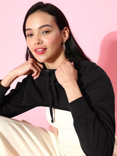 

Roadster Women Black Hooded Super Cropped Sweatshirt