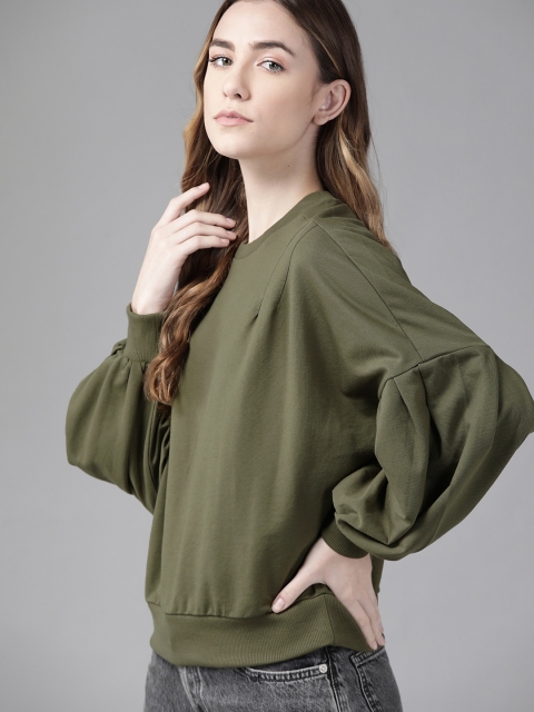 

Roadster Women Olive Green Drop Shoulder Sweatshirt