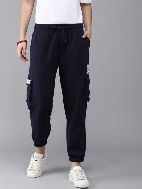 

Roadster Women Navy Blue Solid Knitted Cropped Joggers with Print Detail
